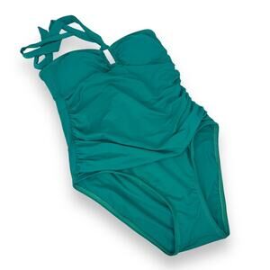 Lauren Ralph Lauren Teal One Piece Swimsuit Size 8 Halter Tie Ruched Slimming